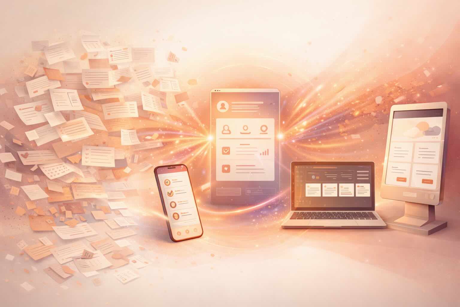 From scattered paperwork to streamlined apps — mobile, tablet, laptop, and kiosk showing connected application interfaces