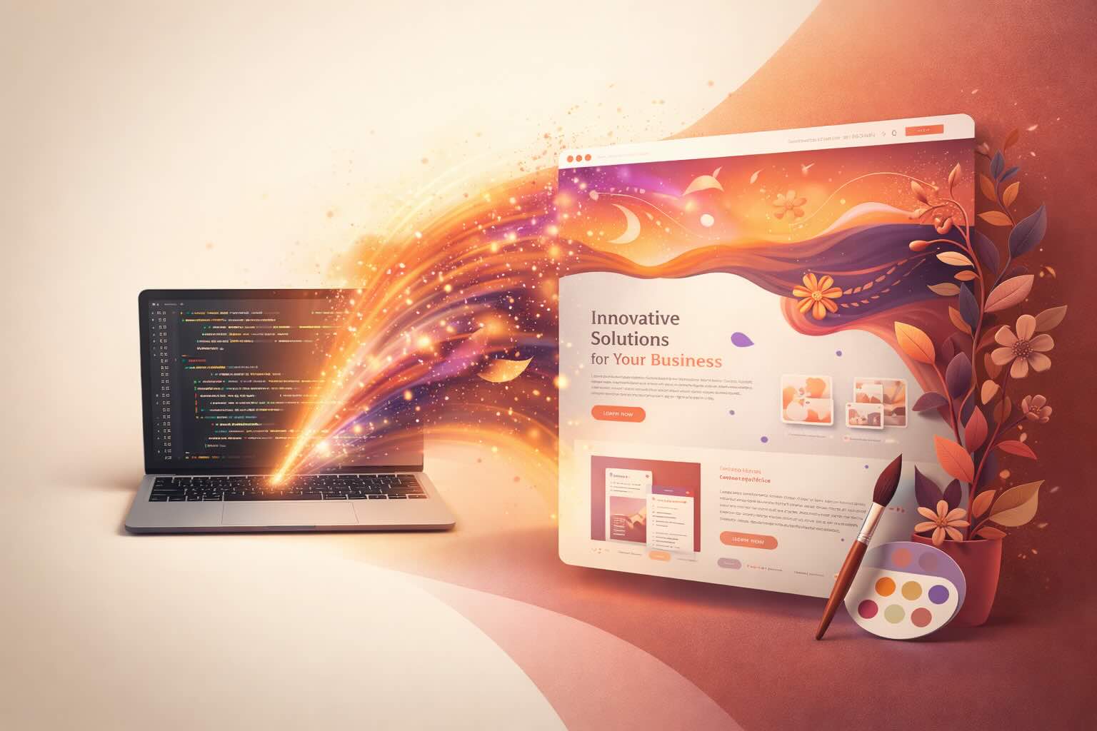 From code to creation — laptop with code transforming into a polished website design