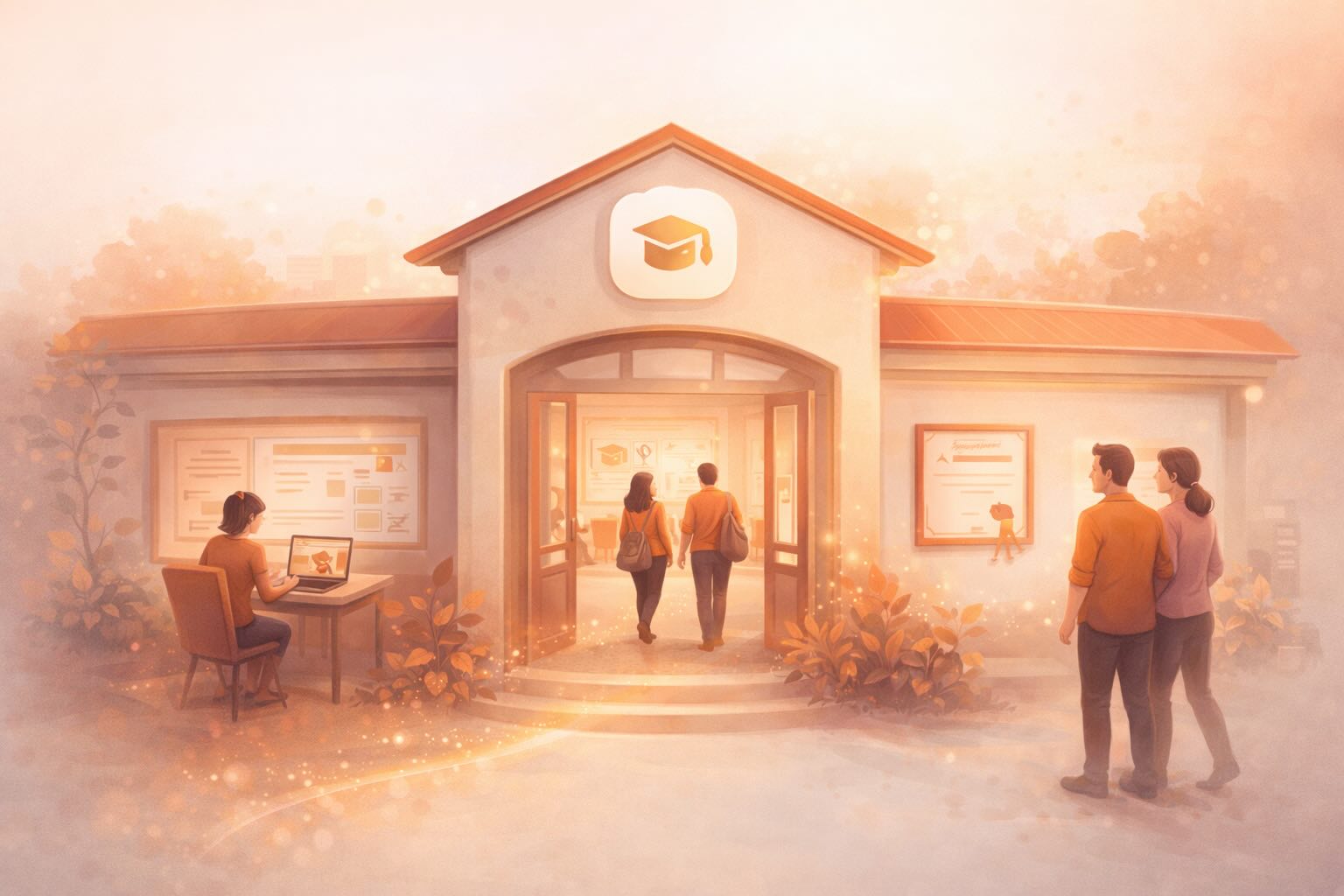 Learning platform — students entering a branded online academy with courses, certificates, and progress tracking